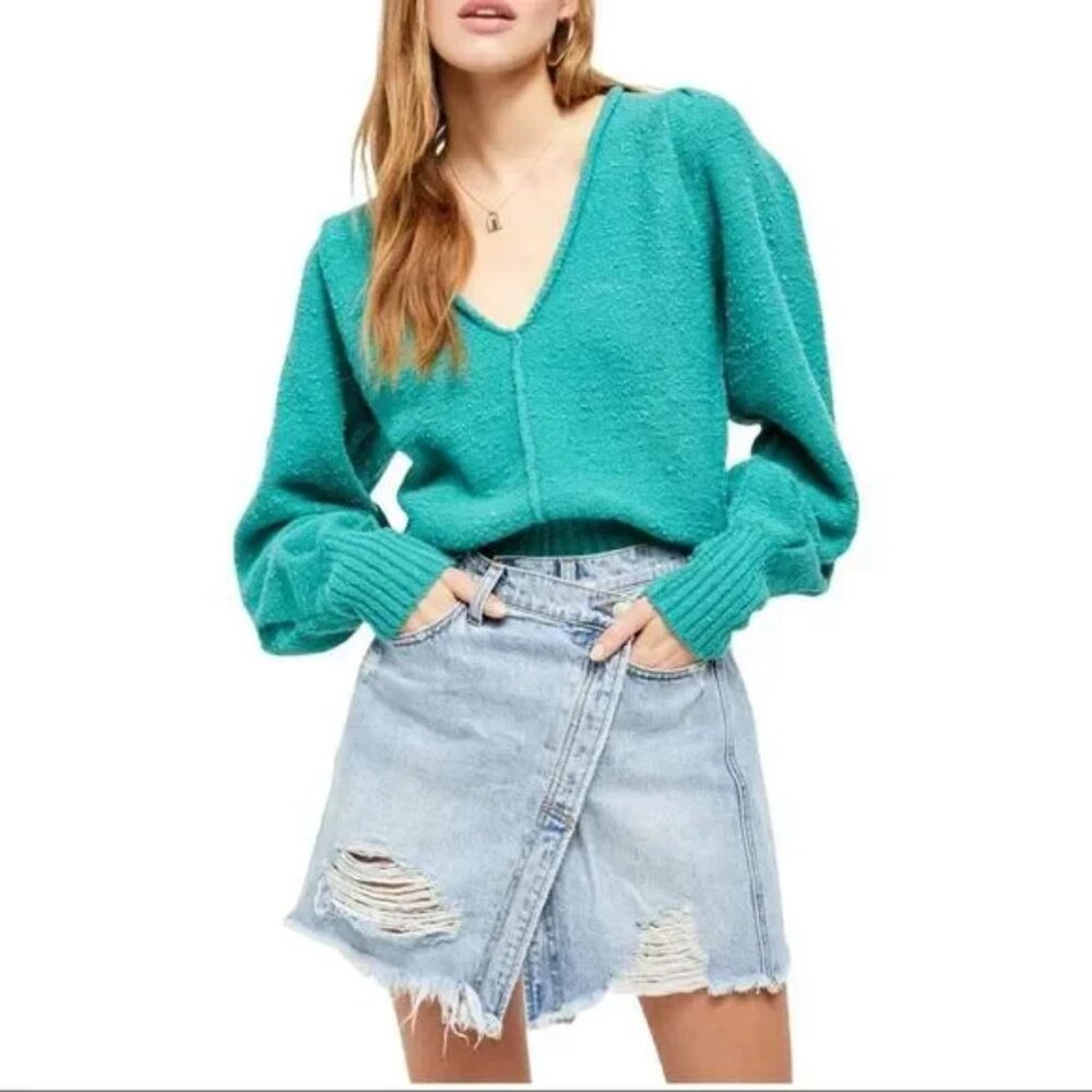 Free People Reverie Sweater Size S Teal V-Neck Cozy Textured‎ Slouchy Boho